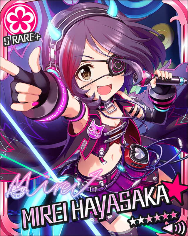 blush brown_eyes character_name dress eyepatch hayasaka_mirei idolmaster idolmaster_cinderella_girls purple_hair short_hair smile stars