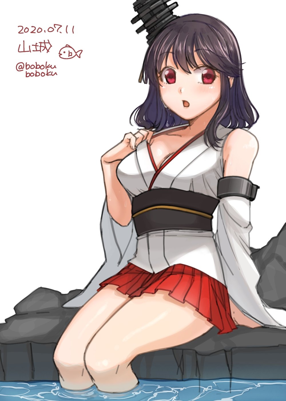 1girl black_hair bobokuboboku character_name commentary_request cowboy_shot dated detached_sleeves hair_ornament highres japanese_clothes kantai_collection looking_at_viewer pleated_skirt red_eyes red_skirt rock short_hair simple_background sitting skirt soaking_feet solo twitter_username water white_background wide_sleeves yamashiro_(kantai_collection)