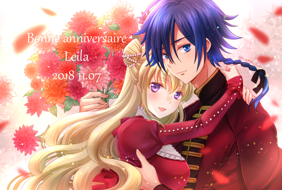 1boy 1girl 2018 :d arms_around_neck bangs black_ribbon blonde_hair blue_eyes blue_hair blurry_foreground bouquet braid braided_ponytail character_name code_geass code_geass:_boukoku_no_akito couple dress eyebrows_visible_through_hair floating_hair flower french_text hair_between_eyes hair_bun hair_ribbon happy_birthday hetero holding holding_bouquet hug hyuuga_akito komaichi leila_(code_geass) long_hair long_sleeves looking_at_viewer open_mouth orange_flower ponytail red_dress red_flower ribbon shiny shiny_hair smile typo upper_body very_long_hair violet_eyes