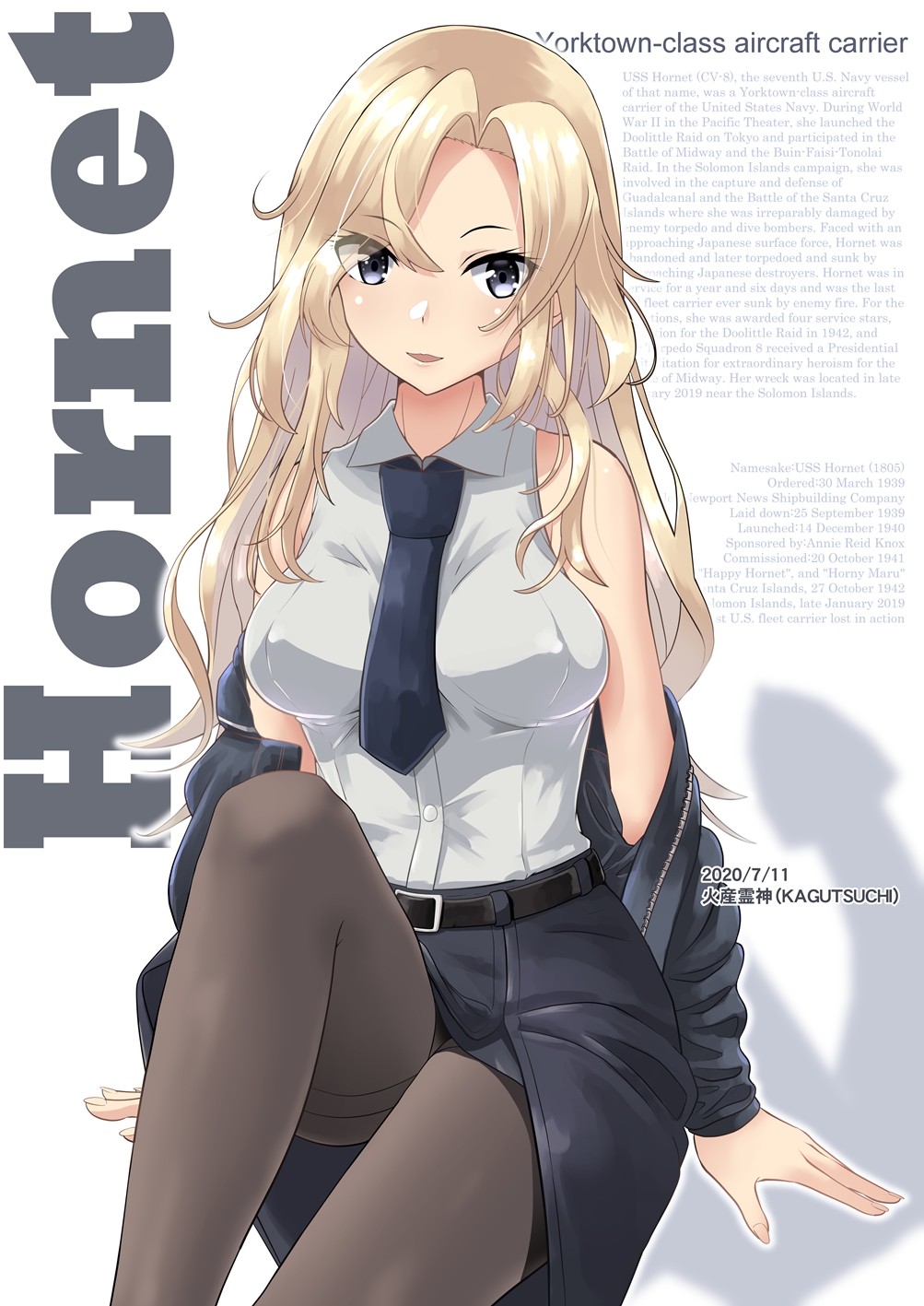 1girl artist_name belt belt_buckle black_belt black_legwear black_neckwear blonde_hair breasts buckle buttons character_name dated feet_out_of_frame grey_eyes highres hornet_(kantai_collection) kagutsuchi_(victoragna) kantai_collection long_hair medium_breasts necktie open_mouth pantyhose shirt sleeveless sleeveless_shirt smile solo white_shirt