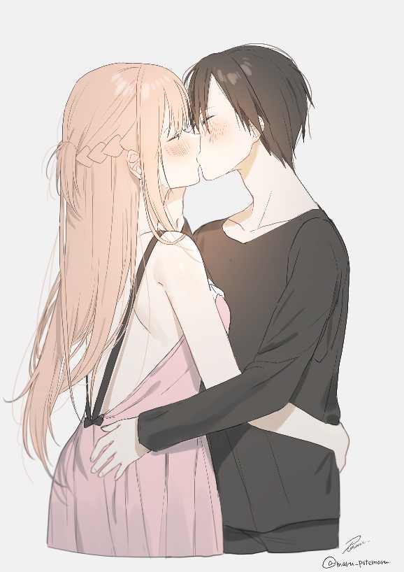 1boy 1girl asuna_(sao) backless_dress backless_outfit black_hair black_pants black_shirt blush braid closed_eyes collarbone couple cropped_legs crown_braid dress grey_background hetero hug kirito light_brown_hair long_hair long_sleeves pants pink_dress riko201008 shiny shiny_hair shirt shoulder_blades signature simple_background sketch sleeveless sleeveless_dress sword_art_online twitter_username very_long_hair