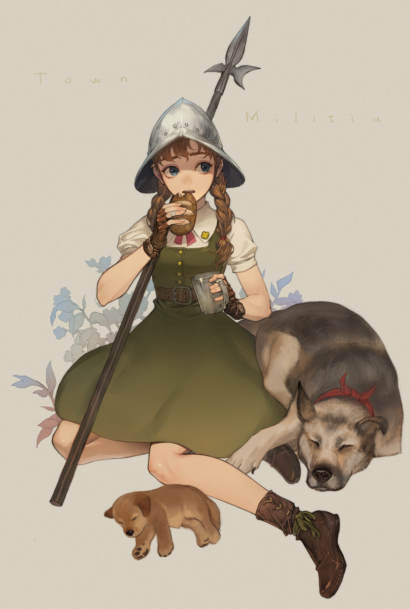 1girl bangs belt blue_eyes braid bread brown_footwear brown_gloves collared_shirt cup dog dress eating fingerless_gloves food gloves green_dress helmet highres holding holding_food jewelry morry mug open_mouth original pinafore_dress plant polearm puffy_short_sleeves puffy_sleeves puppy ring shirt short_sleeves short_twintails simple_background sitting solo twintails weapon white_shirt