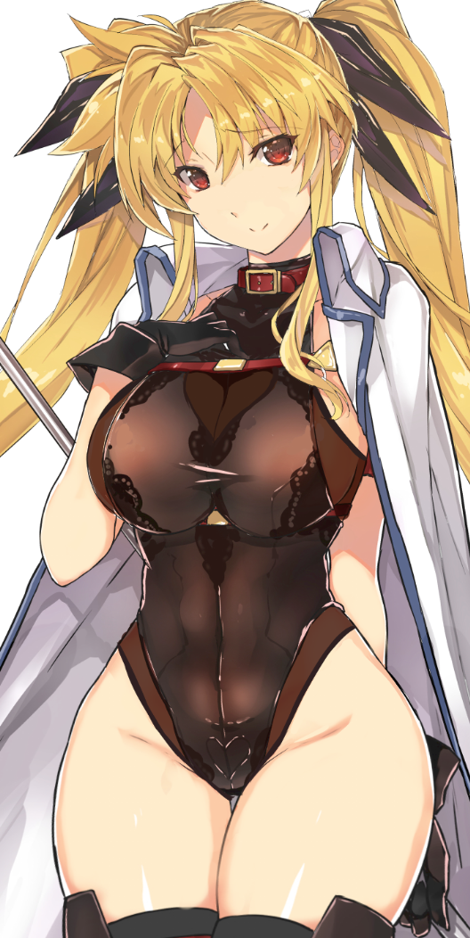 1girl adapted_costume black_gloves black_legwear black_leotard blonde_hair breasts cape commentary_request cowboy_shot fate_testarossa gloves hair_ribbon himukai_kyousuke large_breasts leotard long_hair lyrical_nanoha mahou_shoujo_lyrical_nanoha_strikers red_eyes ribbon see-through simple_background solo thigh-highs thigh_gap twintails white_background white_cape