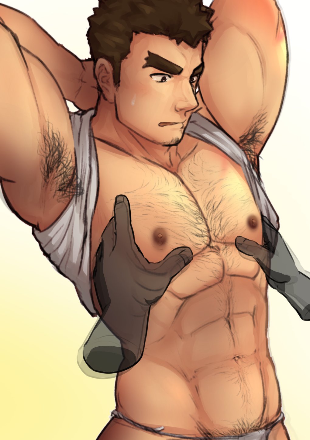 1boy 1other abs bara barry_go blush body_hair brown_hair chest chest_hair facial_hair goatee groping highres kengo_(tokyo_houkago_summoners) male_focus manly muscle navel nipples pectoral_grab pectorals simple_background sweatdrop thick_eyebrows tokyo_houkago_summoners upper_body