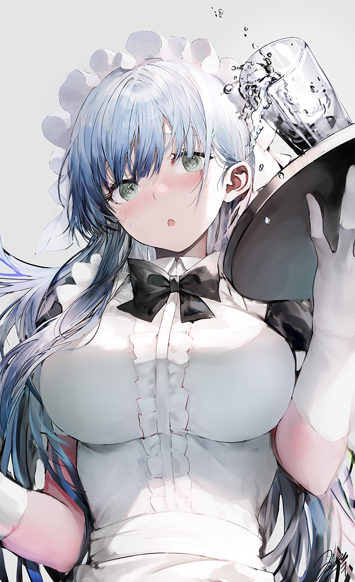 1girl :o bangs black_bow black_neckwear blush bow bowtie breasts center_frills collared_dress cup dress drinking_glass elbow_gloves eyebrows_visible_through_hair frilled_dress frills gloves green_eyes grey_background haori_iori highres holding holding_tray large_breasts long_hair looking_at_viewer maid maid_headdress open_mouth original silver_hair simple_background solo tray upper_body water white_dress white_gloves