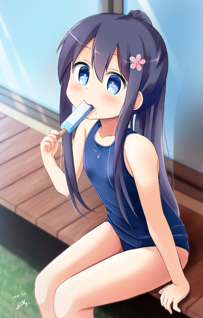 1girl black_hair blue_eyes blue_swimsuit commentary_request flat_chest flower food hair_flower hair_ornament hairclip highres inakami long_hair ponytail popsicle school_swimsuit shirosaki_hana sitting solo swimsuit veranda watashi_ni_tenshi_ga_maiorita!