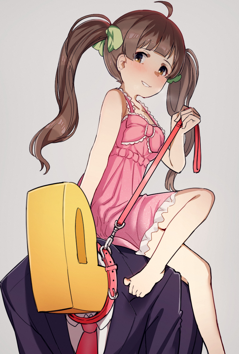 1girl 1other bangs bare_arms bare_shoulders black_jacket bow brown_eyes brown_hair collar collared_shirt crossed_legs dress formal frilled_dress frills green_bow grey_background hair_bow hakozaki_serika hand_up holding_leash idolmaster idolmaster_million_live! jacket leash long_hair necktie p-head_producer pink_bow pink_dress red_collar red_neckwear shirt simple_background sitting sitting_on_person sleeveless sleeveless_dress suit suzuki_puramo twintails white_shirt