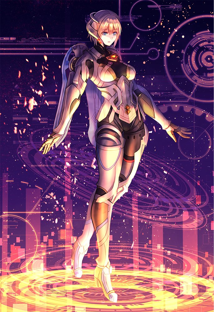 1girl blonde_hair blue_eyes breasts cyborg embers eyebrows_visible_through_hair fiorung full_body hair_between_eyes holographic_interface looking_down medium_breasts purple_background short_hair solo souyou26 xenoblade_(series) xenoblade_1