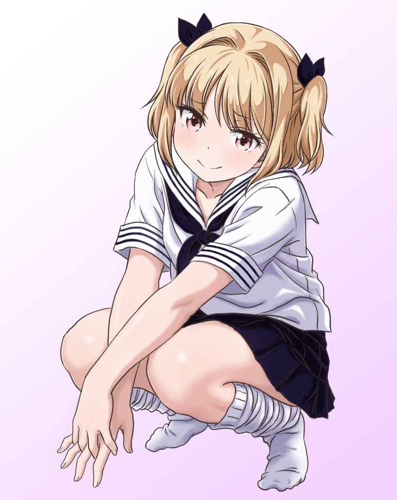 apita_(apitaro) black_skirt blonde_hair brown_eyes hair_ornament iijima_yun loose_socks new_game! school_uniform serafuku skirt socks white_legwear white_serafuku