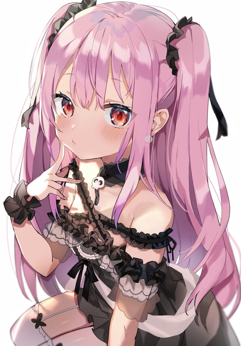 1girl arm_support bare_shoulders bloom blush bow brooch choker dress finger_to_cheek frilled_dress frills garter_straps gothic_lolita highres hololive jewelry light lolita_fashion long_hair looking_at_viewer off_shoulder pink_hair pouty_lips red_eyes satoupote sitting skull skull_collar solo thigh-highs two_side_up uruha_rushia virtual_youtuber white_background white_legwear wrist_cuffs zettai_ryouiki
