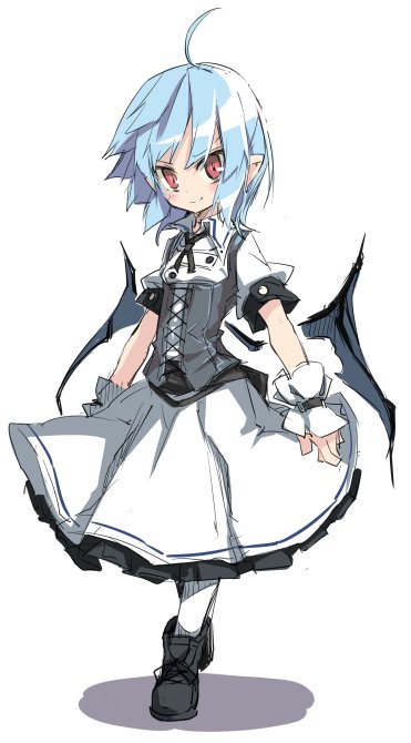 1girl ahoge alternate_costume bat_wings black_footwear black_neckwear black_vest blue_hair commentary_request full_body looking_at_viewer no_hat no_headwear noya_makoto pointy_ears red_eyes remilia_scarlet shirt shoes short_hair short_sleeves simple_background skirt smile solo touhou underbust vest white_background white_legwear white_shirt white_skirt wings wrist_cuffs
