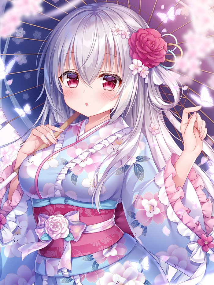 1girl :o albino bangs blue_kimono blue_umbrella blurry blurry_foreground blush breasts commentary_request depth_of_field eyebrows_visible_through_hair floral_print flower frilled_kimono frilled_sleeves frills hair_between_eyes hair_flower hair_ornament hair_rings holding holding_umbrella japanese_clothes kimono long_hair long_sleeves looking_at_viewer medium_breasts mitsuba_choco obi oriental_umbrella original parted_lips petals pink_flower pink_rose print_kimono red_eyes red_flower red_rose rose sash silver_hair solo umbrella upper_body very_long_hair wide_sleeves