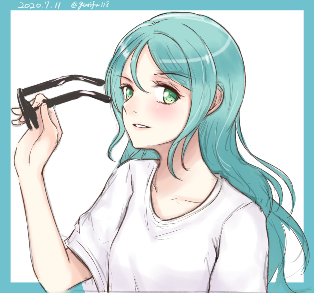 1girl aqua_hair bang_dream! bangs black-framed_eyewear blue_background blush breasts collarbone commentary_request dated eyebrows_visible_through_hair eyewear_removed glasses green_eyes gurifu hair_between_eyes hikawa_sayo holding holding_eyewear long_hair looking_at_viewer parted_bangs parted_lips shirt short_sleeves small_breasts solo twitter_username two-tone_background upper_body white_background white_shirt