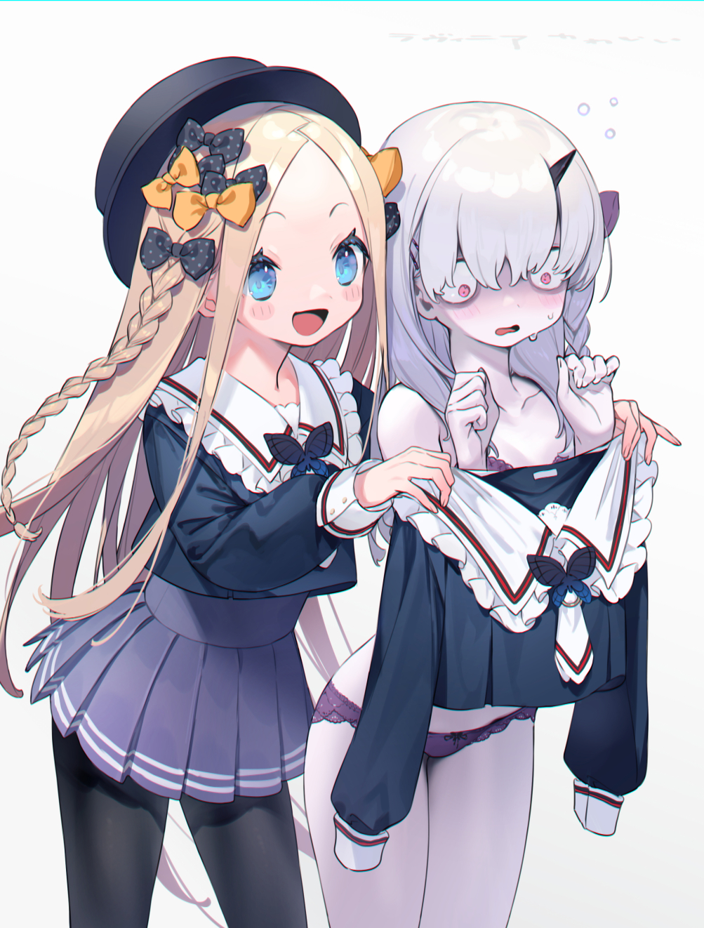 1girl abigail_williams_(fate/grand_order) bags_under_eyes bangs bare_shoulders black_bow black_headwear black_legwear black_shirt blonde_hair blue_eyes blush bow bra braid breasts bukurote collarbone fate/grand_order fate_(series) forehead grey_skirt hair_bow hands_up hat highres horns lavinia_whateley_(fate/grand_order) long_hair multiple_bows open_mouth orange_bow pale_skin panties pantyhose parted_bangs pink_eyes pleated_skirt polka_dot polka_dot_bow purple_bra purple_panties shirt side_braid simple_background single_horn skirt small_breasts smile thighs underwear white_hair white_skin wide-eyed