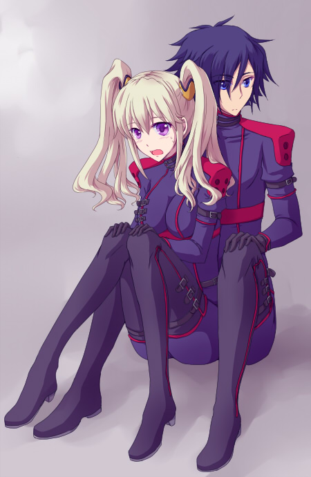 1boy 1girl bangs black_footwear black_gloves blue_bodysuit blue_eyes blue_hair blush bodysuit boots breasts breasts_apart code_geass:_boukoku_no_akito couple eyebrows_visible_through_hair full_body gloves grey_background hair_between_eyes hands_on_own_knees hyuuga_akito kazumoto_saori leila_(code_geass) long_hair medium_breasts open_mouth silver_hair simple_background sitting sweatdrop thigh-highs thigh_boots twintails very_long_hair violet_eyes