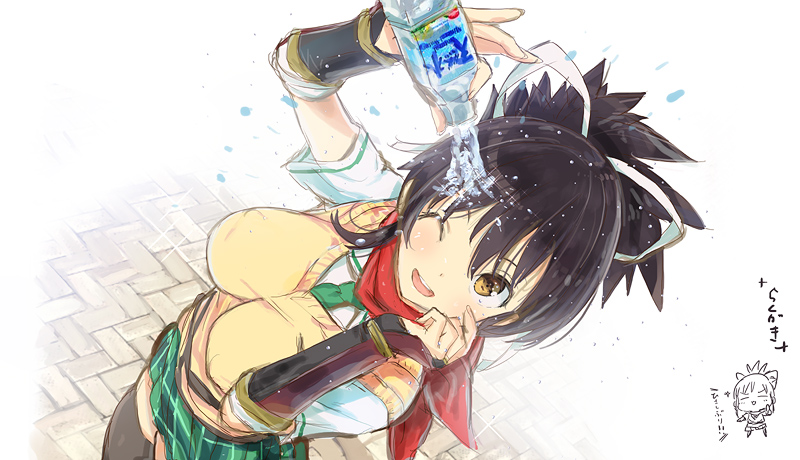 1girl asuka_(senran_kagura) black_hair bottle breasts chibi hair_ribbon hand_on_own_cheek large_breasts looking_up ninja one_eye_closed open_mouth ponytail pouring pouring_onto_self red_scarf ribbon scarf senran_kagura signature smile solo water water_bottle yaegashi_nan yellow_eyes