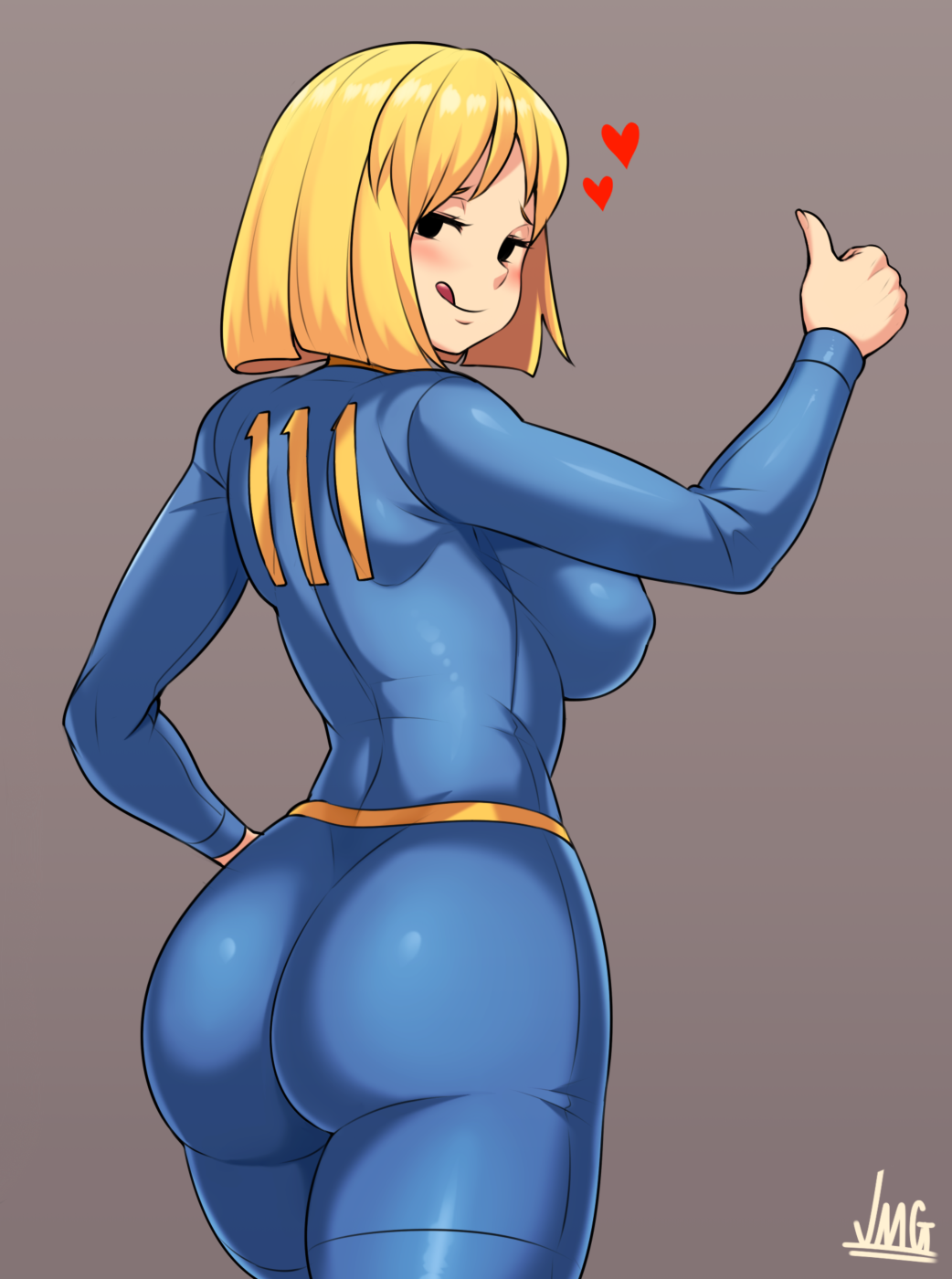 1girl artist_name ass bangs blonde_hair blue_jumpsuit blush breasts fallout fallout_4 heart highres jmg large_breasts looking_at_viewer looking_back medium_hair naughty_face sideboob smile thighs thumbs_up tongue tongue_out vault_girl vault_suit