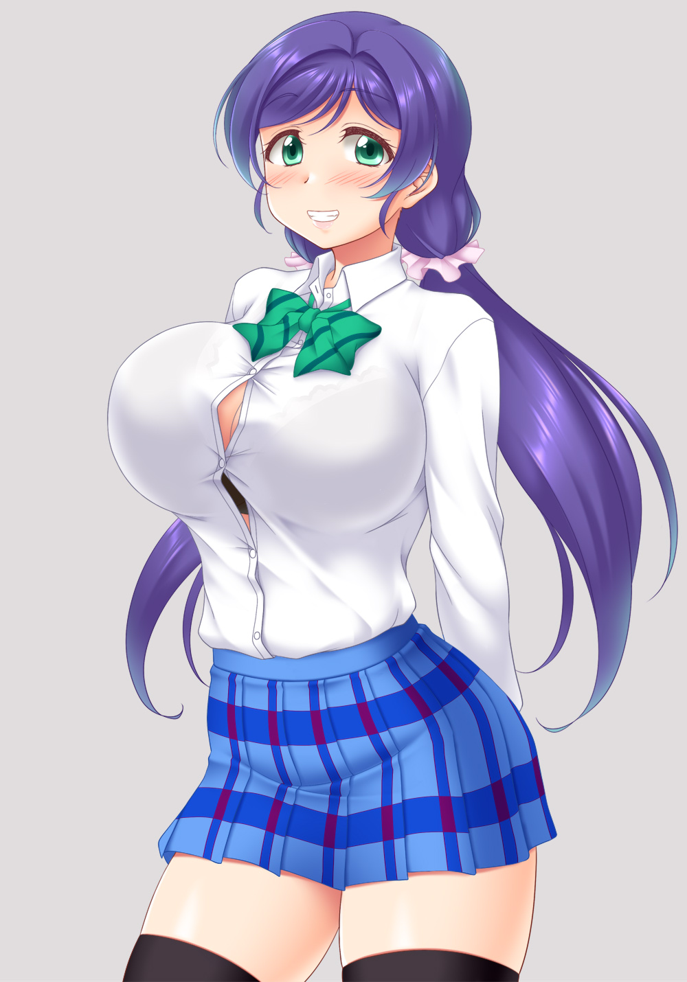 1girl black_bra blue_skirt blush bra bra_peek bra_through_clothes breasts eyebrows_visible_through_hair green_eyes hair_ornament highres love_live! love_live!_school_idol_project otonokizaka_school_uniform purple_hair school_uniform shirt skirt smile thigh-highs toujou_nozomi underwear utomo white_shirt