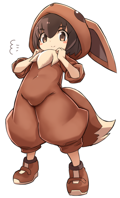 1girl bangs blush_stickers brown_eyes brown_footwear brown_hair closed_mouth cosplay covered_navel eevee eevee_(cosplay) eevee_ears eevee_tail eyebrows_visible_through_hair full_body gen_1_pokemon hair_between_eyes hands_up hood hood_up karukan_(monjya) looking_at_viewer poke_kid_(pokemon) pokemon pokemon_(game) pokemon_swsh shoes simple_background smile solo white_background