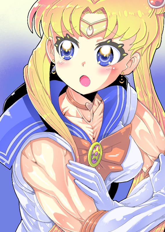 1girl :o bangs bare_arms bare_shoulders biceps bishoujo_senshi_sailor_moon blonde_hair blue_eyes blue_sailor_collar bow bowtie choker circlet crescent crescent_earrings diadem earrings endou-san eyebrows_visible_through_hair flexing furrowed_eyebrows hair_over_shoulder heart heart_choker jewelry long_hair looking_to_the_side meme muscle muscular_female open_mouth parted_bangs pose red_choker sailor_collar sailor_moon sailor_moon_redraw_challenge sailor_senshi_uniform shirt sleeveless sleeveless_shirt solo twintails upper_body