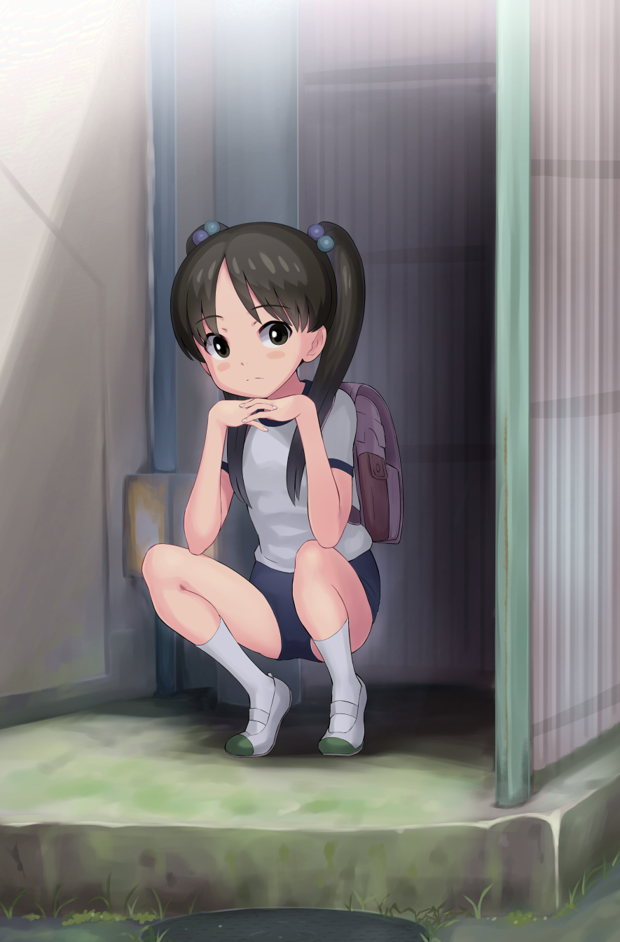 1girl backpack bag blue_buruma brown_eyes brown_hair buruma full_body gym_uniform hair_bobbles hair_ornament hands_together highres kneehighs legs long_hair original outdoors qm randoseru shirt shoes short_sleeves solo squatting thighs twintails white_footwear white_legwear white_shirt