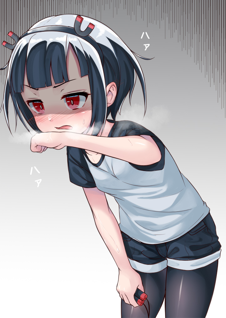 1girl black_hair black_hairband black_legwear blue_shorts blush breasts breath bright_pupils ear_blush hairband holding jitomi_monoe jump_rope leaning_forward legwear_under_shorts magnet nose_blush open_mouth pantyhose raglan_sleeves red_eyes shirt short_hair short_sleeves shorts small_breasts solo sweat t-shirt tenneko_yuuri virtual_youtuber voms white_pupils