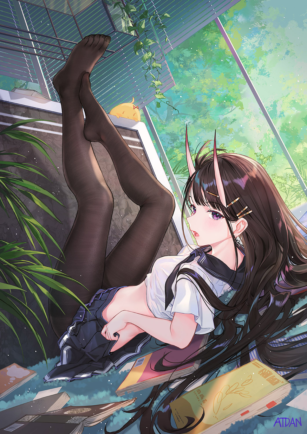 1girl atdan azur_lane black_hair black_skirt blinds book breasts brown_legwear crop_top earrings feet hair_ornament hair_spread_out hairclip highres horns indoors jewelry leaf legs_up long_hair looking_at_viewer looking_back medium_breasts midriff miniskirt no_shoes noshiro_(azur_lane) oni_horns open_mouth pantyhose plant pleated_skirt sailor_collar school_uniform serafuku shirt short_sleeves skirt solo stomach vines violet_eyes white_shirt window