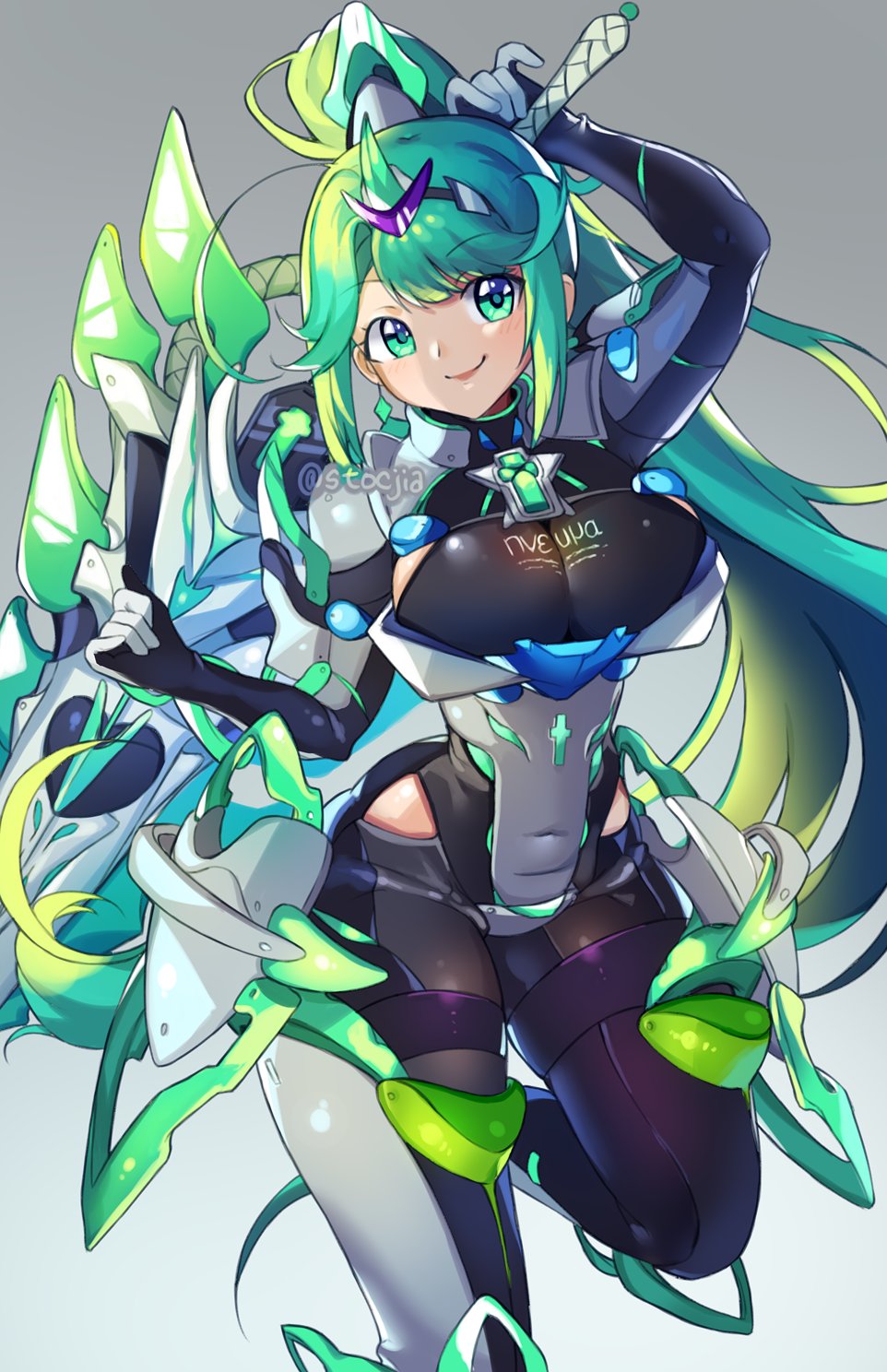 1girl bangs breasts chest_jewel covered_navel earrings eyebrows_visible_through_hair feet_out_of_frame gloves green_eyes green_hair grey_background hair_ornament highres jewelry large_breasts long_hair long_ponytail pneuma_(xenoblade) ponytail solo swept_bangs sword tiara very_long_hair watermark weapon xenoblade_(series) xenoblade_2 yagi_(kyuhyun)
