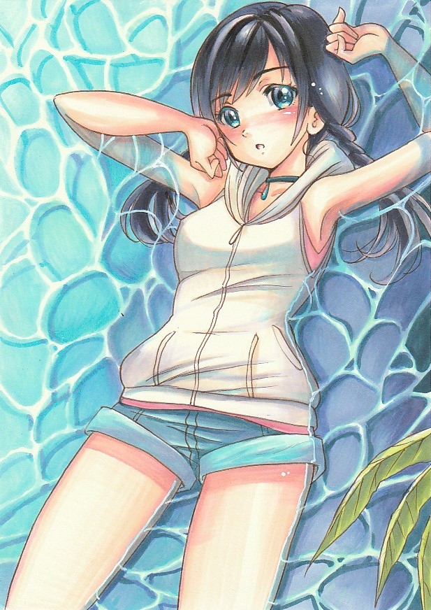 1girl amano_hina_(tenki_no_ko) arm_up black_hair blue_eyes blue_shorts blush braid choker graphite_(medium) hood hood_down hoodie long_hair lying marker_(medium) on_back outdoors partially_submerged short_shorts shorts sleeveless sleeveless_hoodie solo tenki_no_ko tomoeri traditional_media water white_hoodie