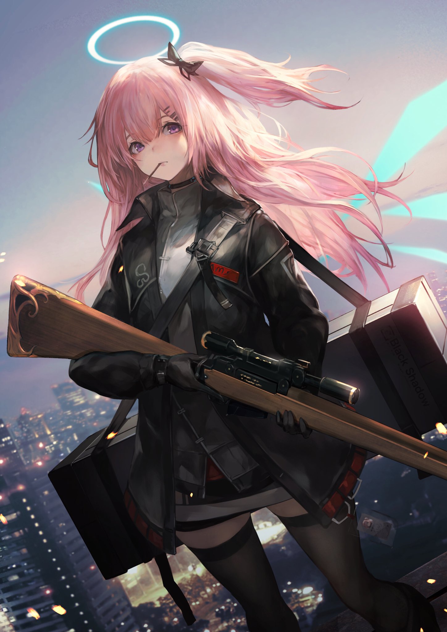 1girl ambriel_(arknights) arknights black_choker black_gloves black_jacket black_legwear bolt_action case choker cityscape day dutch_angle food gloves grey_shirt gun hair_ornament hairclip halo highres holding holding_gun holding_weapon jacket lee-enfield long_hair long_sleeves looking_away miniskirt mouth_hold one_side_up open_clothes open_jacket outdoors pink_hair pocky rifle rooftop scope shirataki_jiro shirt skirt sniper_rifle solo standing strap thigh-highs violet_eyes weapon wings zettai_ryouiki