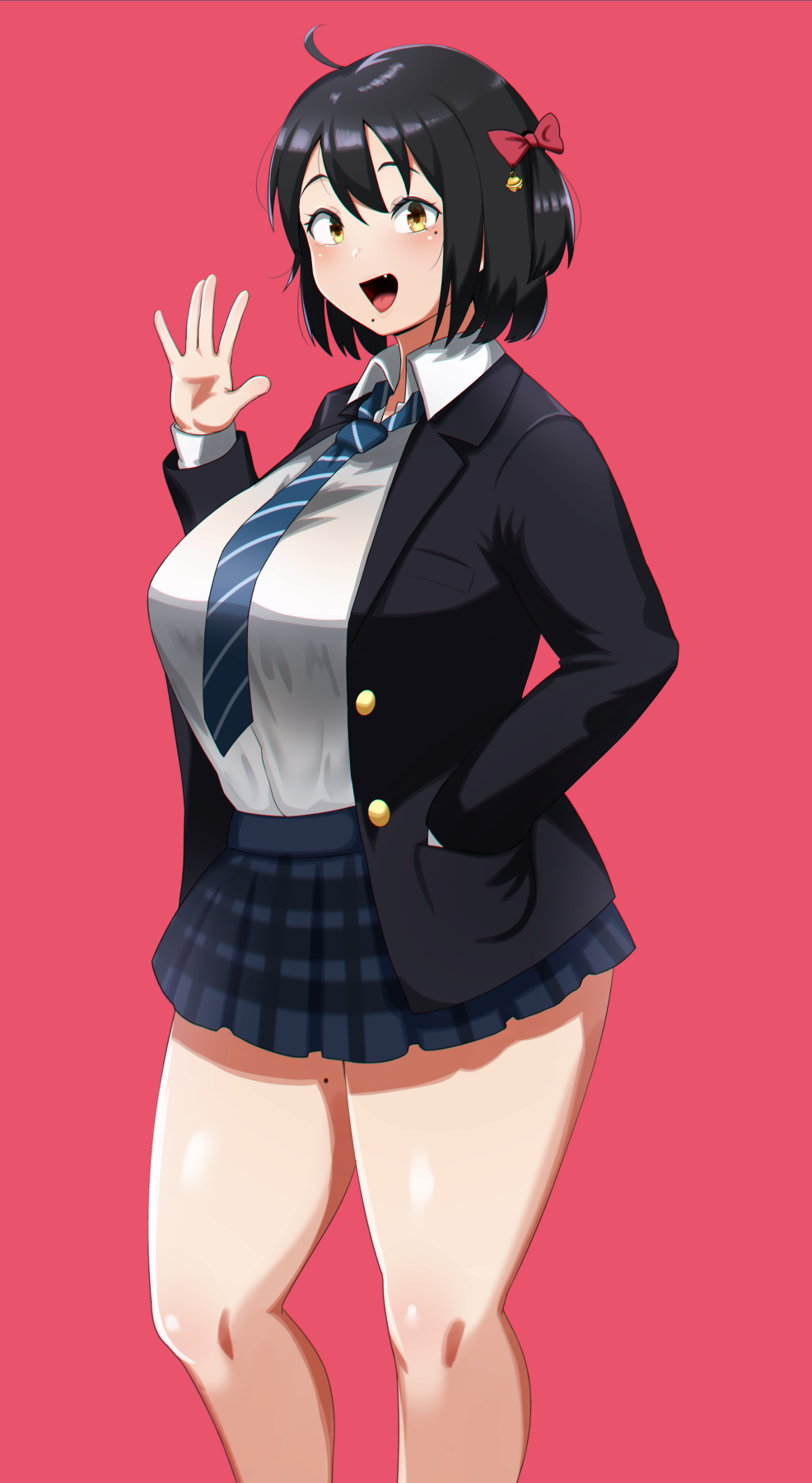 1girl :d bell black_hair blazer bow hair_bow hand_in_pocket hand_up highres jacket jingle_bell mole mole_on_thigh mole_under_eye mole_under_mouth necktie oozon_(ozon) open_mouth original plaid plaid_skirt red_background red_bow school_uniform short_hair simple_background skirt smile standing