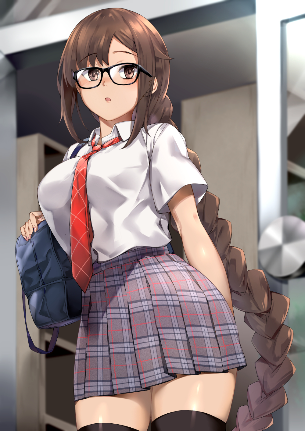 1girl bag bangs black_legwear blush braid breasts brown_eyes brown_hair collared_shirt consort_yu_(fate) contemporary fate/grand_order fate_(series) glasses grey_skirt hidebuu highres large_breasts long_hair looking_at_viewer necktie open_mouth plaid plaid_skirt school_bag shirt short_sleeves sidelocks skirt thigh-highs thighs very_long_hair