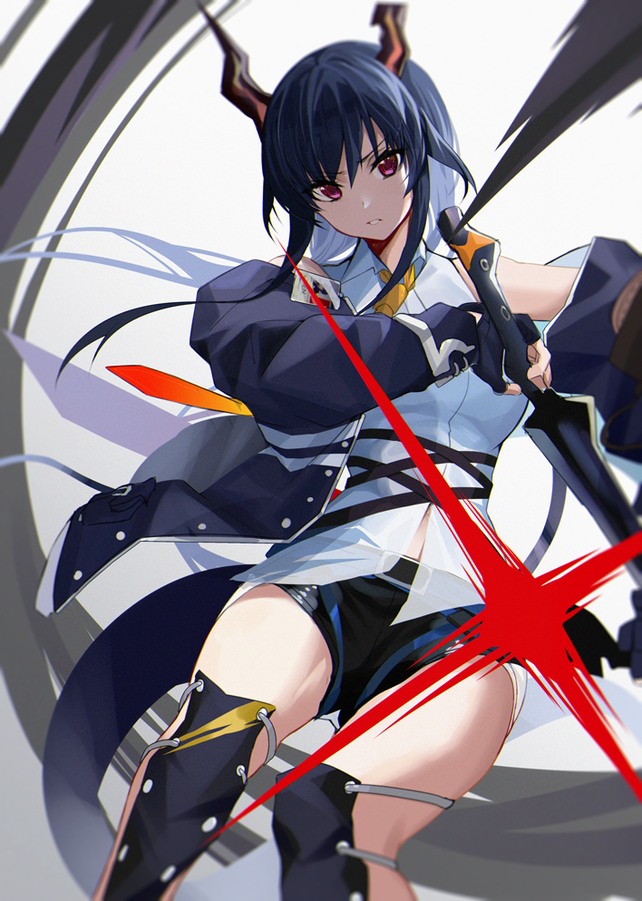 1girl arknights black_legwear black_shorts blue_hair blue_jacket ch'en_(arknights) collared_shirt commentary cowboy_shot dragon_horns dragon_tail holding holding_sword holding_weapon horns jacket knee_guards long_hair looking_at_viewer necktie open_clothes open_jacket red_eyes shirt short_shorts shorts sidelocks simple_background sleeveless sleeveless_shirt solo sword tail thighs weapon white_background white_shirt wing_collar xiujia_yihuizi yellow_neckwear