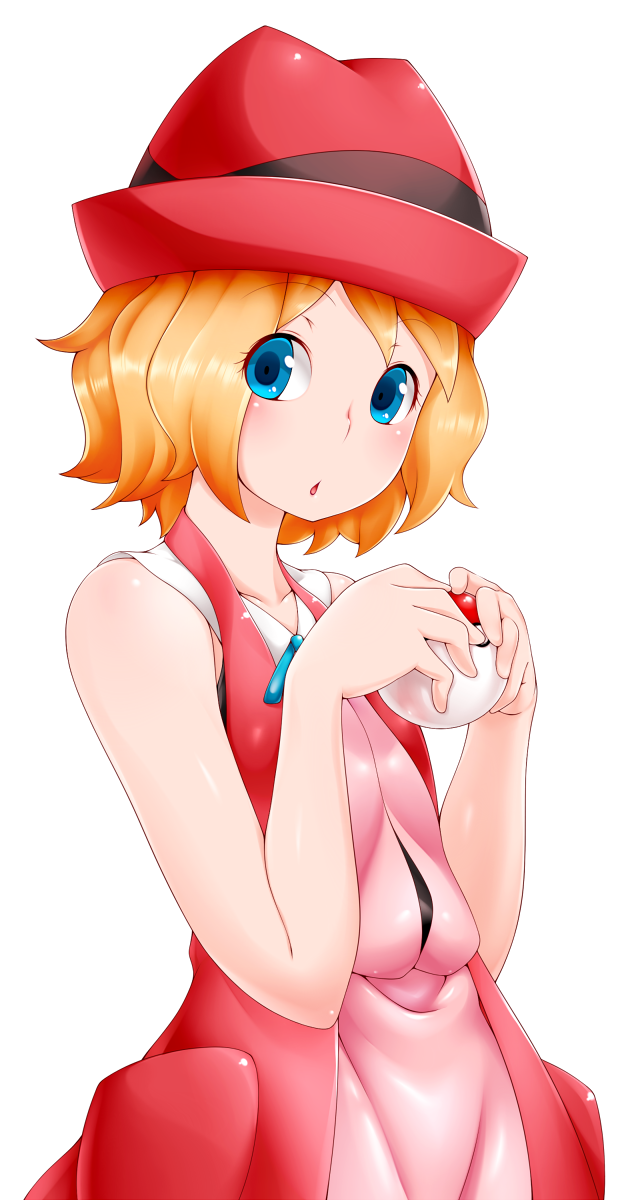 1girl bangs bare_shoulders blonde_hair blue_eyes blush collarbone commentary_request dress eyebrows_visible_through_hair eyes_visible_through_hair flat_chest hands_up hat highres himamushi_nyuudou holding holding_poke_ball jacket looking_to_the_side open_mouth pink_dress poke_ball poke_ball_(basic) pokemon pokemon_(game) pokemon_xy red_headwear red_jacket serena_(pokemon) shiny shiny_clothes shiny_hair shiny_skin short_hair simple_background sleeveless sleeveless_dress sleeveless_jacket solo standing upper_body white_background