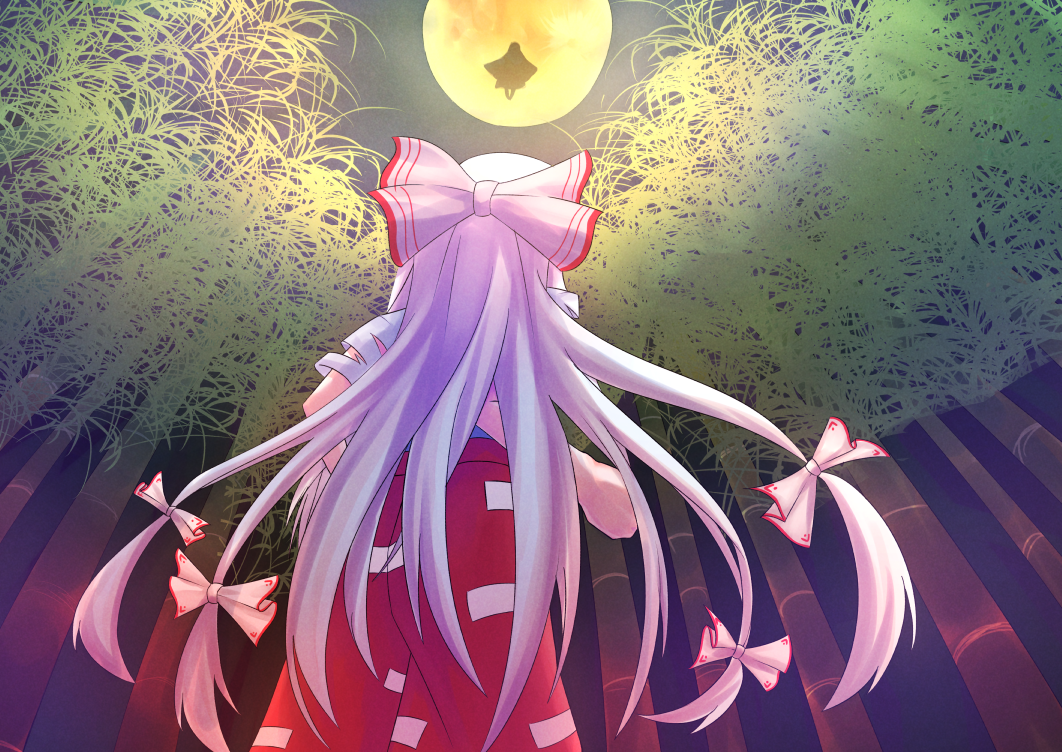 2girls arm_behind_back bamboo bamboo_forest clenched_hand commentary_request cowboy_shot facing_away fisheye floating forest from_behind fujiwara_no_mokou full_moon hair_ribbon houraisan_kaguya long_hair moon multiple_girls nature night ofuda outdoors pants red_pants ribbon shirt short_sleeves silhouette silver_hair standing suzuki_eiru torn_clothes torn_sleeves touhou very_long_hair white_shirt