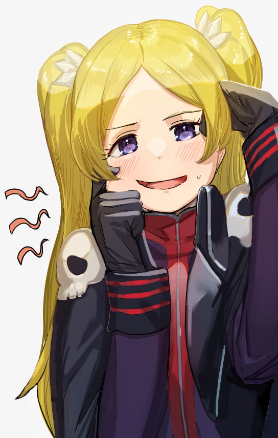 1girl bangs black_cape black_gloves blonde_hair blue_eyes blush cape cheek_pinching emily_stewart forehead gloves grey_background idolmaster idolmaster_million_live! jacket long_hair long_sleeves looking_at_viewer open_mouth parted_bangs pinching purple_jacket red_shirt shirt simple_background skull sleeves_past_wrists smile solo suzuki_puramo sweat twintails upper_body very_long_hair