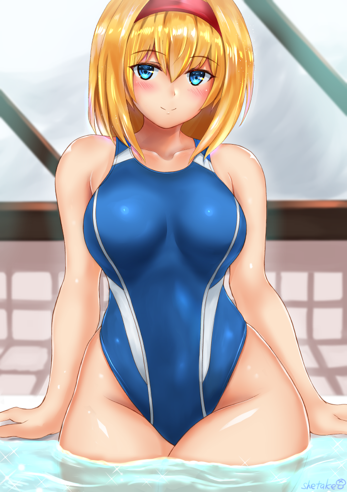 1girl alice_margatroid blonde_hair blue_eyes blue_swimsuit commentary_request competition_swimsuit cowboy_shot hairband highleg highleg_swimsuit looking_at_viewer one-piece_swimsuit red_hairband shetake short_hair sitting soaking_feet solo swimsuit touhou water