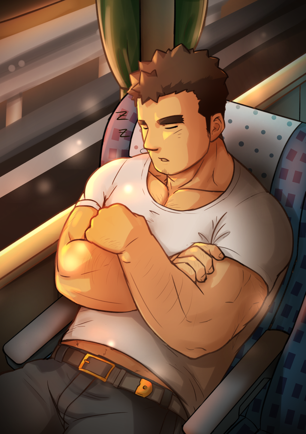 1boy bara barry_go belt blush body_hair brown_hair chest_hair crossed_arms curtains facial_hair goatee highres kengo_(tokyo_houkago_summoners) male_focus manly muscle pants seat sleeping solo thick_eyebrows tokyo_houkago_summoners upper_body