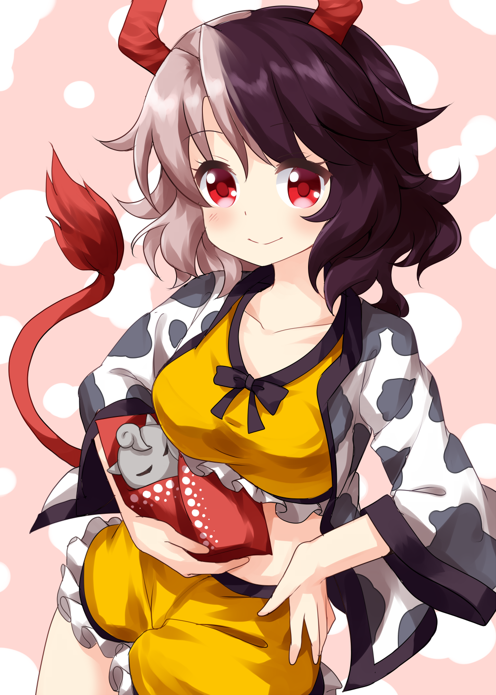 1girl animal_print black_hair bow collarbone cow_horns cow_print cow_tail crop_top frilled_shorts frills grey_hair hand_on_hip haori highres horns japanese_clothes midriff multicolored_hair red_eyes red_horns ruu_(tksymkw) shorts solo statue tail touhou two-tone_hair ushizaki_urumi yellow_shorts