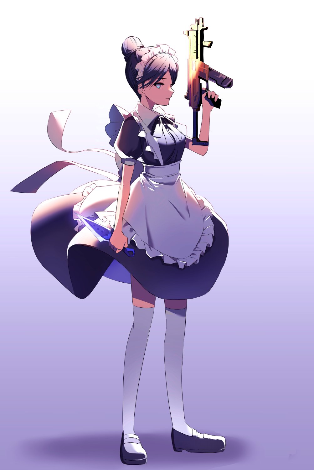 1girl alternate_costume apex_legends apron bangs black_dress black_footwear black_hair black_neckwear black_ribbon blue_eyes breasts closed_mouth commentary_request dress enmaided eyebrows_visible_through_hair finger_on_trigger frilled_apron frills full_body gradient gradient_background gun hair_bun highres holding holding_gun holding_weapon kunai looking_at_viewer machine_gun maid maid_apron maid_dress maid_headdress mary_janes mau. neck_ribbon parted_bangs puffy_short_sleeves puffy_sleeves ribbon shoes short_hair short_sleeves solo submachine_gun thigh-highs waist_apron weapon white_apron white_legwear wing_collar wraith_(apex_legends)