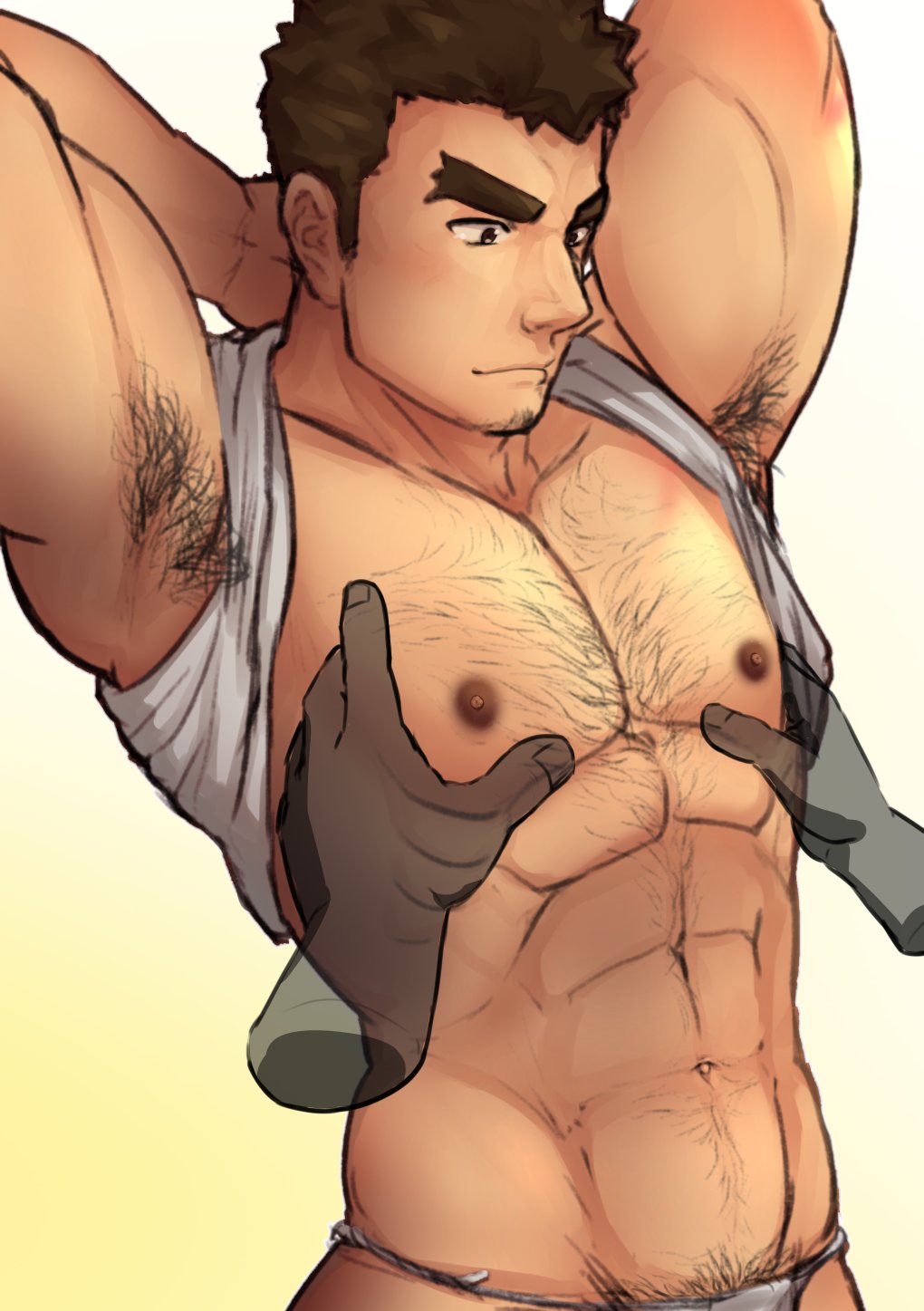 1boy 1other abs armpits arms_behind_head bara barry_go blush body_hair brown_hair chest chest_hair cropped facial_hair fundoshi goatee groping highres japanese_clothes kengo_(tokyo_houkago_summoners) male_focus manly muscle navel nipples pectoral_grab pectorals solo_focus thick_eyebrows tokyo_houkago_summoners upper_body