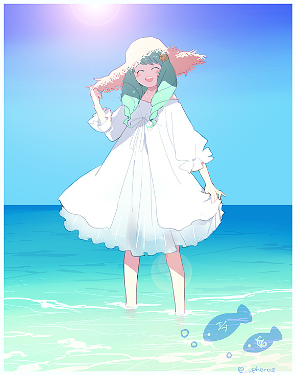 1girl alternate_costume blue_sky closed_eyes cute day dress fire_emblem fire_emblem:_three_houses fire_emblem:_three_houses fire_emblem_16 fire_emblem_heroes flayn_(fire_emblem) green_hair guttary hair_ornament hat intelligent_systems loli long_hair nintendo open_mouth outdoors sky solo straw_hat super_smash_bros. twitter_username wading water white_dress