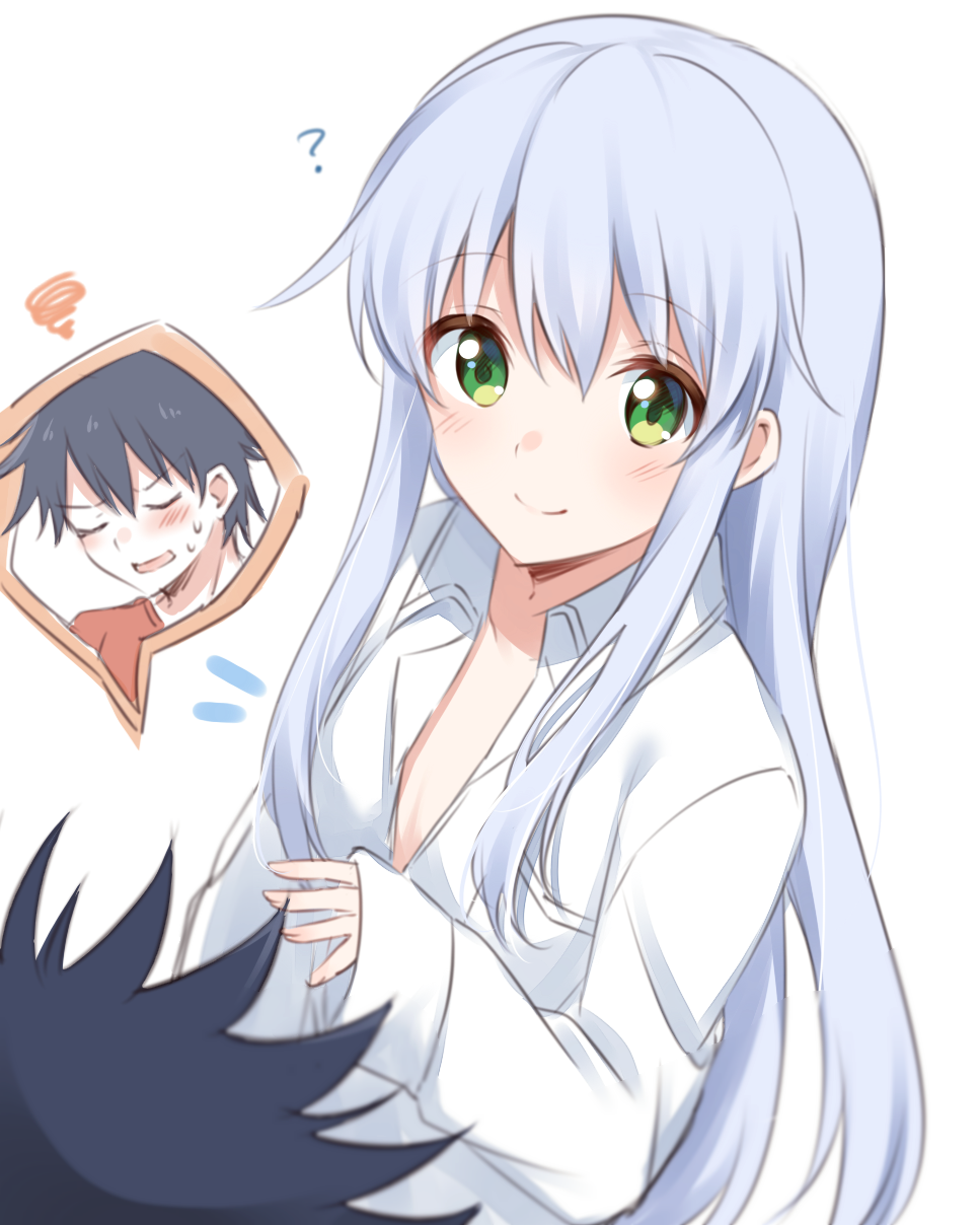 1boy 1girl ? bangs blue_hair blush character_request eyebrows_visible_through_hair green_eyes highres light_blue_hair long_hair nemu_mohu shirt short_hair sidelocks simple_background smile to_aru_majutsu_no_index white_background white_shirt