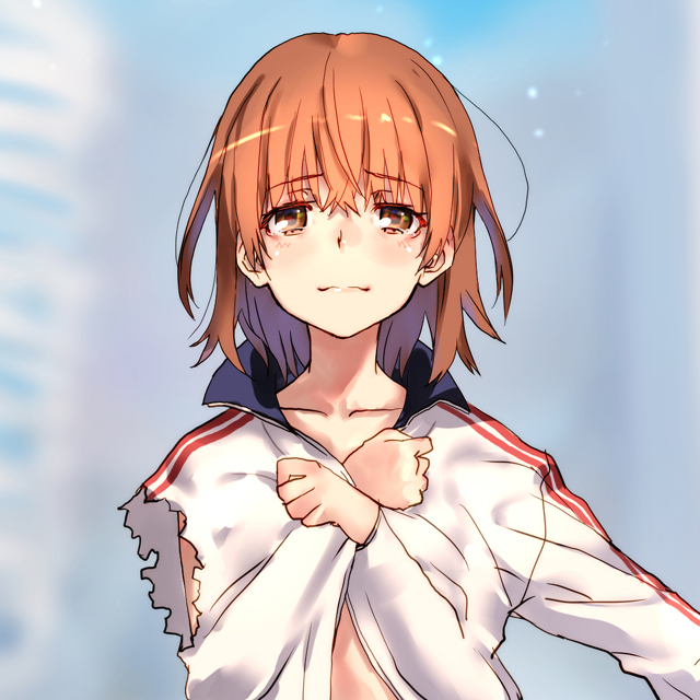 1girl blurry blurry_background blush brown_eyes brown_hair closed_mouth commentary_request crossed_arms day depth_of_field jacket long_sleeves looking_at_viewer misaka_mikoto naked_track_jacket open_clothes open_jacket outdoors raika9 solo standing to_aru_kagaku_no_railgun to_aru_majutsu_no_index torn_clothes track_jacket upper_body white_jacket