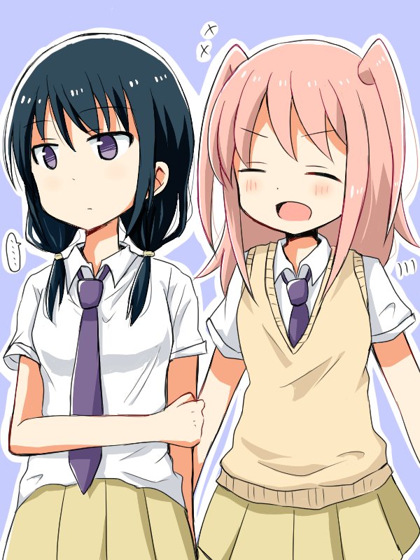 ... 2girls annoyed black_hair blush cardigan clenched_hands closed_eyes collared_shirt commentary eyebrows_visible_through_hair looking_away low_twintails multiple_girls necktie nemoto_hina nmemoton open_mouth pink_hair pleated_skirt purple_background purple_neckwear school_uniform shirt simple_background skirt smile spoken_ellipsis standing sweater_vest tamura_yuri twintails two_side_up violet_eyes watashi_ga_motenai_no_wa_dou_kangaetemo_omaera_ga_warui! white_shirt yellow_skirt |d