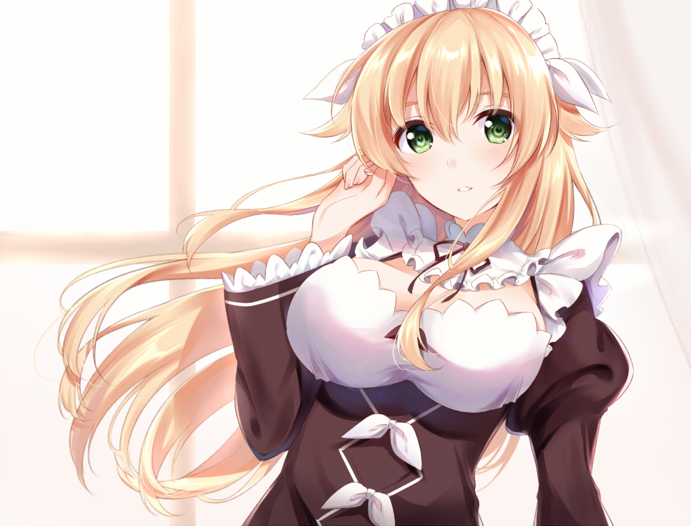 1girl bangs black_dress black_ribbon blonde_hair breasts commentary_request curtains dress frederica_baumann green_eyes hair_between_eyes indoors large_breasts long_hair looking_at_viewer maid maid_dress maid_headdress neck_ribbon nemu_mohu parted_lips puffy_sleeves re:zero_kara_hajimeru_isekai_seikatsu ribbon smile solo teeth upper_body window