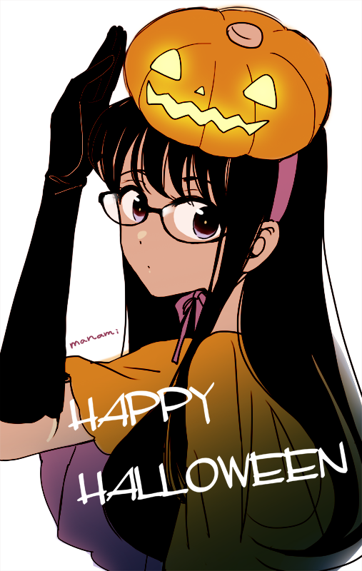 1girl arm_up bangs black-framed_eyewear black_gloves black_hair black_shirt breasts closed_mouth commentary elbow_gloves english_text expressionless from_side glasses gloves glowing halloween halloween_costume happy_halloween himawari-san himawari-san_(character) jack-o'-lantern large_breasts looking_at_viewer pink_ribbon pumpkin pumpkin_on_head ribbon shirt signature simple_background solo sugano_manami violet_eyes white_background