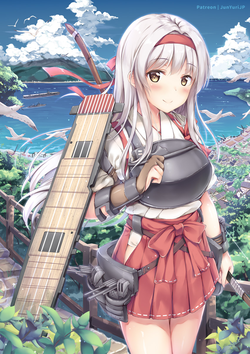 1girl aircraft_carrier bird blue_sky boots bow_(weapon) cityscape clouds day flight_deck hakama_skirt headband highres holding holding_bow_(weapon) holding_weapon japanese_clothes kantai_collection long_hair looking_at_viewer military military_vehicle mountain muneate ocean outdoors photoshop_(medium) remodel_(kantai_collection) seagull ship shoukaku_(kantai_collection) sky solo tasuki tree warship watercraft weapon white_hair yellow_eyes yuriko