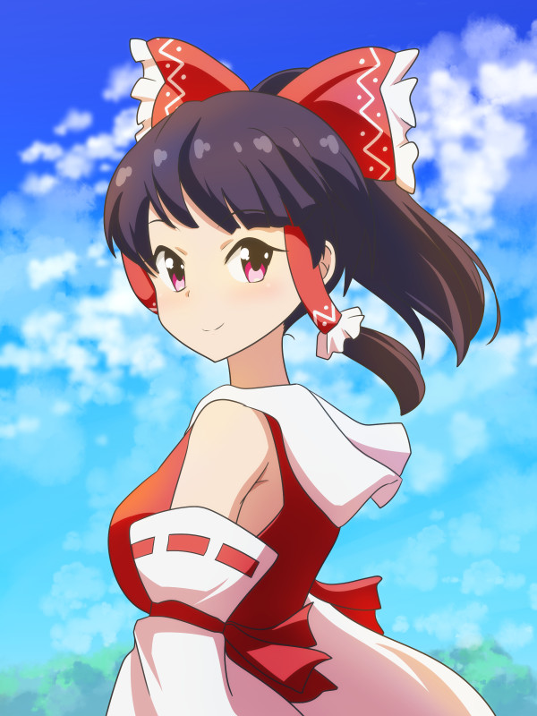 1girl armpit_crease bangs black_hair blue_sky breasts cato_(monocatienus) clouds commentary_request detached_sleeves eyebrows_visible_through_hair from_side hair_blowing hair_tubes hakurei_reimu looking_at_viewer medium_breasts ponytail red_eyes red_vest ribbon-trimmed_sleeves ribbon_trim short_hair sidelocks sky smile solo standing touhou upper_body vest wind