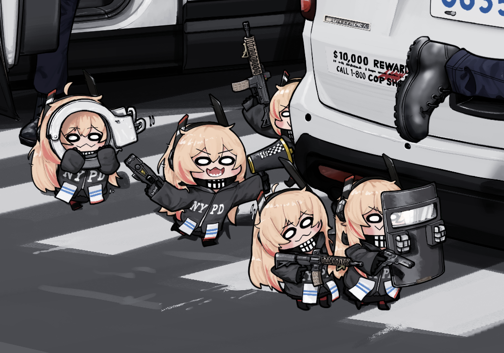 0206qwerty 0_0 6+girls :3 alternate_costume assault_rifle black_footwear black_jacket blonde_hair boots car close-up commentary_request crosswalk cuffs girls_frontline ground_vehicle gun handcuffs handgun holding holding_gun holding_handcuffs holding_megaphone holding_weapon jacket kolibri low_ponytail m4_sopmod_ii m4_sopmod_ii_(girls_frontline) m4_sopmod_ii_jr megaphone motor_vehicle multicolored_hair multiple_girls new_york nypd open_mouth pistol pocket police police_car police_uniform real_world_location redhead rifle riot_shield ro635_(girls_frontline) robot st_ar-15_(girls_frontline) taser teeth uniform weapon